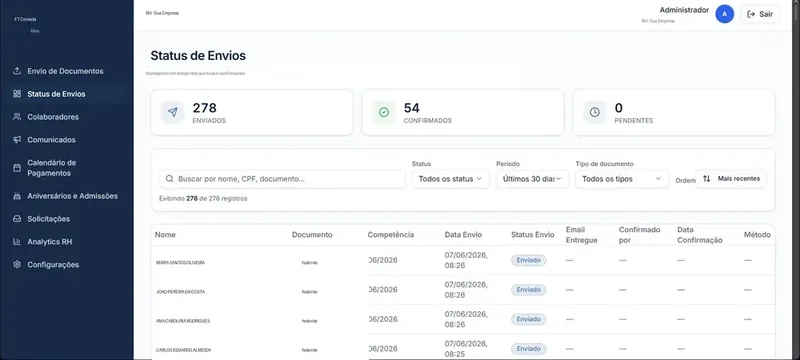 Lista de colaboradores com status de envio no portal Conecta+RH